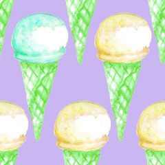 Hand drawn watercolor endless summer print. Seamless pattern with ice lolly and Ice-cream in a waffle horn. Gelato. Food illustration. Dessert scetch.  Good for fabrics, paper, wrapping, background.