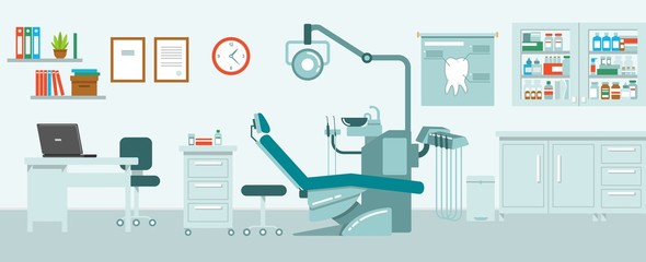 Dental office concept in flat style. Hospital interior with dentist workplace - chair, equipment, instruments