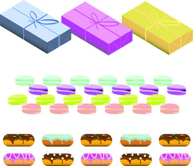 Set of isolated donuts with different decor. Set of packing boxes, an isometric drawing. Set of macaroons. Vector illustration can be used for menu design, cafe design,packaging boxes,paper.