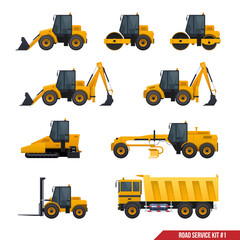 A set of construction machinery, road service cars, cars designed for road construction.