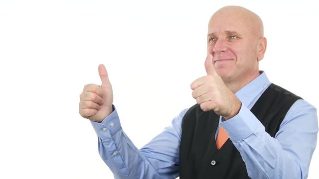 Satisfied Businessman Smiling Showing Double Thumbs Up Good Job Hand Gesture.