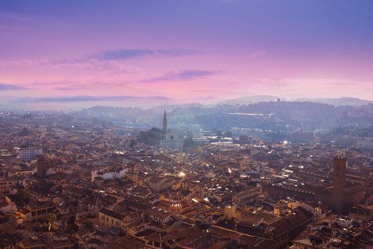Aerial view of Florence, Tuscany, Italy. View from Cathedral Santa Maria Del Fiore. Beautiful Florence sunset skyline, . © nataliazakharova