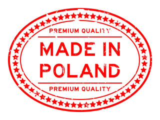 Grunge red premiumq quality made in Poland oval rubber seal business stamp on white background