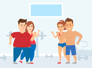 fat couple against slim fitness people in gym