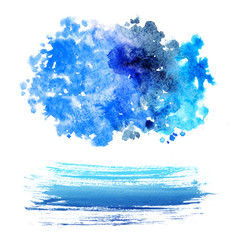 Abstract blue watercolor on white background. Color splash on the paper. Hand drawn aquarelle banners.