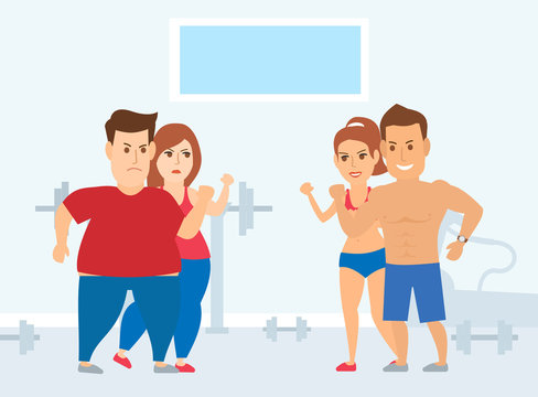 Fat Couple Against Slim Fitness People In Gym