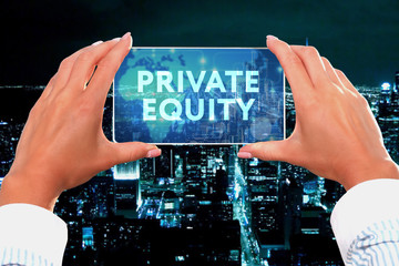 The concept of business, technology, the Internet and the network. Business lady looks at the virtual screen of your smartphone and sees the inscription: Private equity