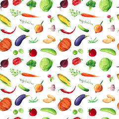 Watercolor hand drawn sketch illustration seamless pattern background with 18 vegetables and lettering on white