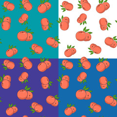 Set of four Seamless Fruit Patterns , Fruit Peach on White Green Blue and Purple Background, Vector Illustration