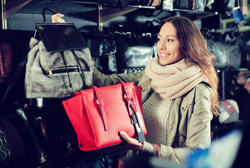 positive woman buying leather purse in shop
