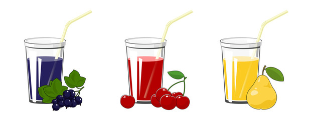 Set of Fresh Fruit and Berry Juices, Blackcurrant with Cherry and Pear , Glass with Juice and a Straw Isolated on White Background , Summer Time, Vector Illustration