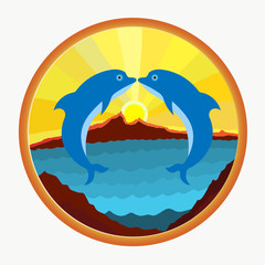 Two dolphins, a kiss on the background of the sea, mountains and sun