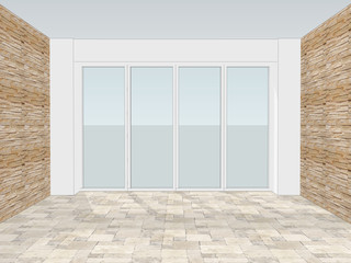 Empty office room with window and decorative wall paneling. 3d illustration