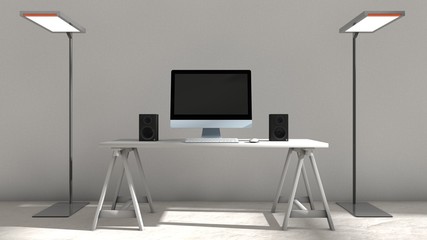 3D illustration of interior design of computer setup
