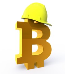 3D illustration of bitcoin sign wearing a hard helmet
