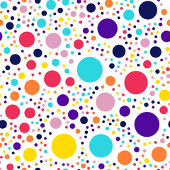 Memphis style polka dots seamless pattern on white background. Elegant modern memphis polka dots creative pattern. Bright scattered confetti fall chaotic decor. Vector illustration.