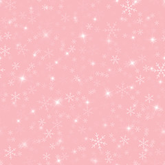 White snowflakes seamless pattern on pink Christmas background. Chaotic scattered white snowflakes. Terrific Christmas creative pattern. Vector illustration.