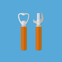 Bottle and can openers isolated on blue background. Flat style icon. Vector illustration.