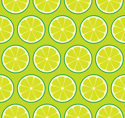Limeade Lime Seamless Vector Pattern Tile. Green Limes Cut in Half into Round Slices Arranged on Yellow-Green Background. Lemonade Stand Summer Party Decoration. Food Packaging Design. Swatch Included