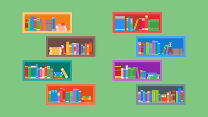 Different books on the bookshelves. Isolated on a green background. Flat style. Vector illustration