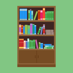 A large wooden bookcase on a green background. Flat style. Different books on the shelves. Vector illustration