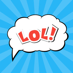 Comic cartoon sound effect on a blue striped background. Speech phrase LOL. Vector illustration