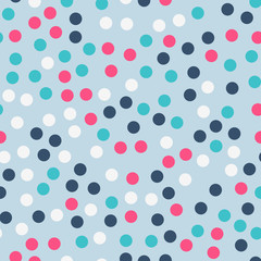 Colorful polka dots seamless pattern on bright 19 background. Exquisite classic colorful polka dots textile pattern. Seamless scattered confetti fall chaotic decor. Abstract vector illustration.