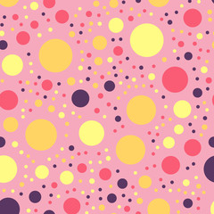 Colorful polka dots seamless pattern on bright 25 background. Glamorous classic colorful polka dots textile pattern. Seamless scattered confetti fall chaotic decor. Abstract vector illustration.