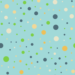 Colorful polka dots seamless pattern on bright 13 background. Surprising classic colorful polka dots textile pattern. Seamless scattered confetti fall chaotic decor. Abstract vector illustration.
