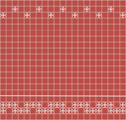 Tile decoration. Red square tiles with decor. Interior design for kitchen, bathroom, toilet. Background pattern. Decor element.
