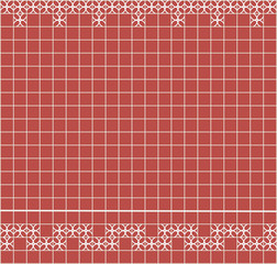 Tile decoration. Red square tiles with decor. Interior design for kitchen, bathroom, toilet. Background pattern. Decor element.

