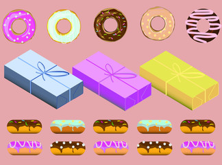Set of isolated donuts with different decor, top view and side view. Set of packing boxes, an isometric drawing. Vector illustration can be used for menu design, cafe design,packaging boxes and paper.