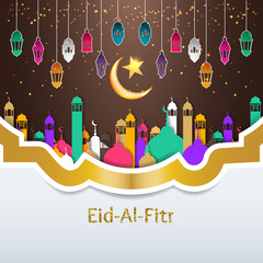Obraz premium Eid-Al-Fitr greeting card with islamic crescent moon 3D and mosque paper.
