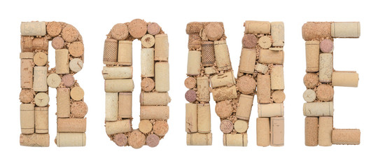 Word Rome made of wine corks Isolated on white background