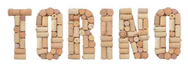 Word Torino made of wine corks Isolated on white background