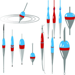 Set of fishing float, icon of fishing float. Drawing in blue and red color on white background. Can be used in postcards, posters, textiles, logo for fishing club. 