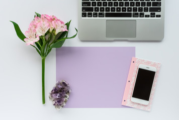 Blank Page on White Background with Keyboard, Mobile Phone, Notebook, Flowers and Amethyst Healing...