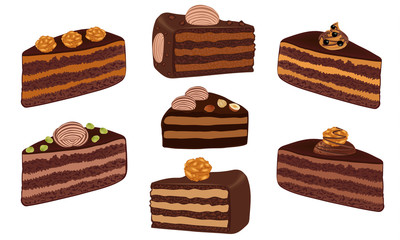 Set of chocolate cakes with nuts and cream. Cake sliced. Dessert isolated on white background. A piece of chocolate cake close-up. Vector illustration slice of cake.