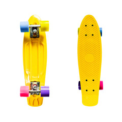 Yellow skateboard top and underside isolated on white background 