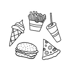 Linear cartoon hand drawn fast food set. Cute vector black and white fast food set. Isolated monochrome doodle fast food set on white background.