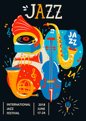 Naklejka premium Poster for Jazz. Creative modern banner, flyer for music concerts and festivals. Handdrawn lettering, vector illustration.