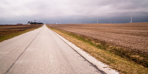 Side Road Harvested Field Farm Agriculture Wind Turbines