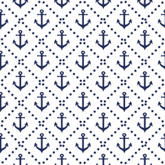 Seamless nautical pattern with diagonal lines anchor colors navy background.