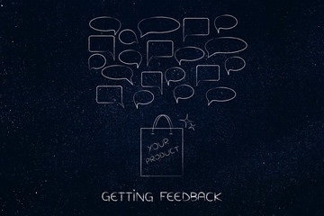 Fototapeta na wymiar shopping bag with your product and different speech bubble above it of customer talking about it