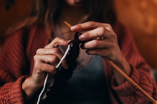 Close up of woman knitting wool