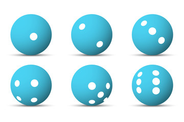Set of 6 blue sphere dices with white dots