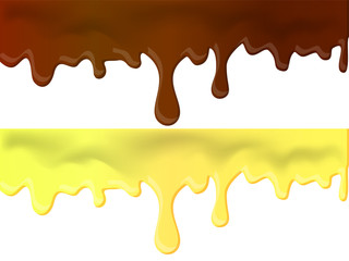 Honey and chocolate drips seamless patterns and blots on white