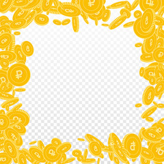 Russian ruble coins falling. Scattered floating RUB coins on transparent background. Powerful chaotic border vector illustration. Jackpot or success concept.