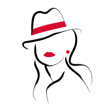 recommend clip art: Vector artistic hand drawn stylish young lady portrait isolated on white background. Fashion girl model icon. Woman in hat. Beauty illustration, logo design. Fashion poster, placard, banner.