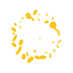 Indian rupee coins falling. Scattered disorderly INR coins on white background. Dramatic round frame vector illustration. Jackpot or success concept.